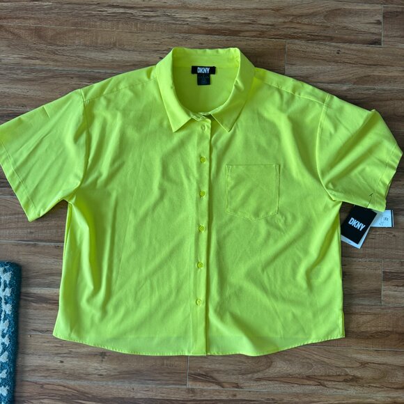 NWT NEON Florescent Yellow Highlighter DKNY Button Up Short Sleeve Shirt Blouse - Picture 1 of 5